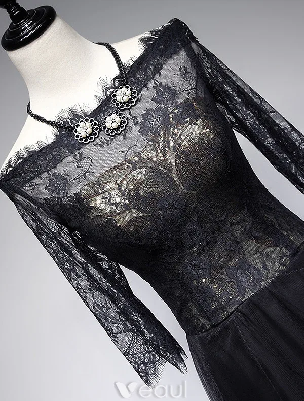 Elegant Evening Dresses 2017 Square Neckline Black Eyelash Lace With Gold Sequins Dress