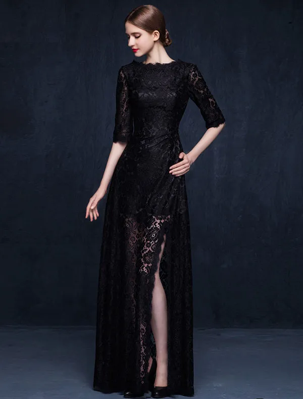 Charming Black Lace Evening Dress Long Formal Dress With Half Sleeves