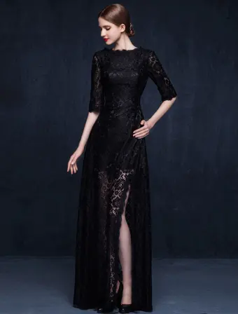 Reizend Schwarzes Spitzeabendkleid Langes Festliche Kleid Mit Halben Hülsen