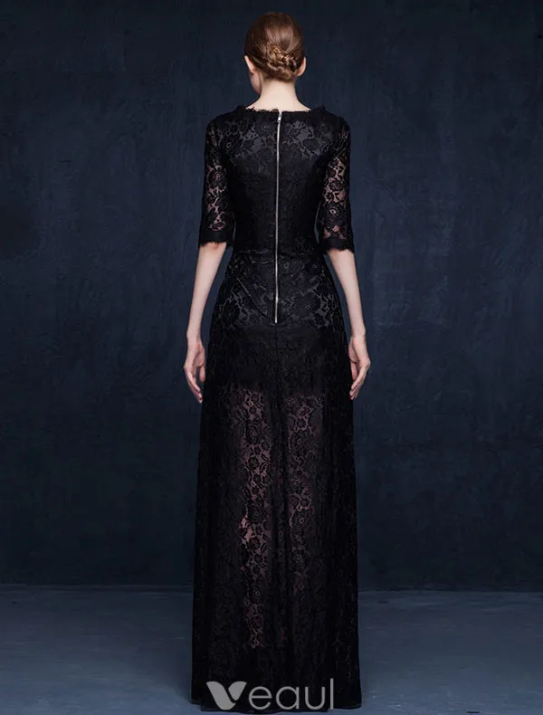 Charmante Robe De Soirée En Dentelle Noire Longue Robe De Ceremonie Avec Demi-manches