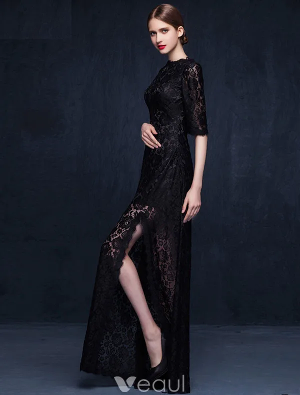 Charmante Robe De Soirée En Dentelle Noire Longue Robe De Ceremonie Avec Demi-manches