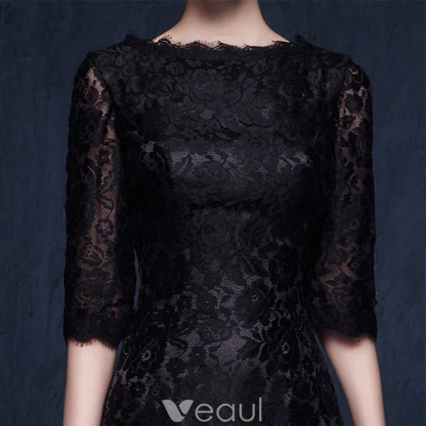 Charmante Robe De Soirée En Dentelle Noire Longue Robe De Ceremonie Avec Demi-manches