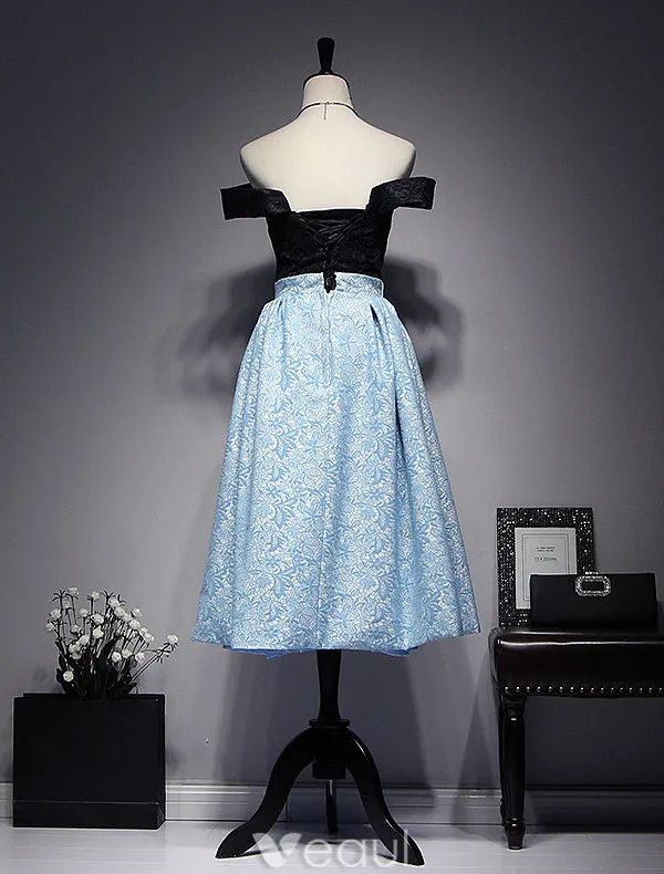 Beautiful Evening Dresses 2017 Off The Shoulder Black And Sky Blue Lace Dress