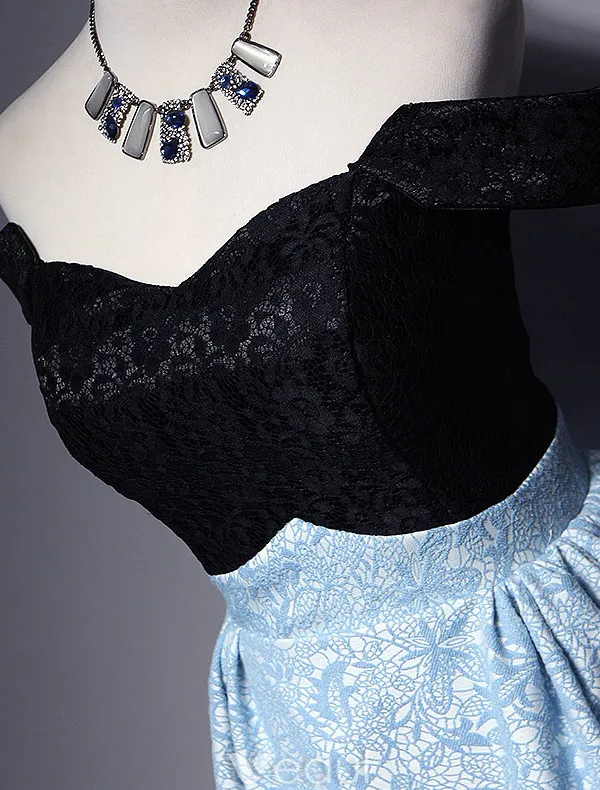 Beautiful Evening Dresses 2017 Off The Shoulder Black And Sky Blue Lace Dress