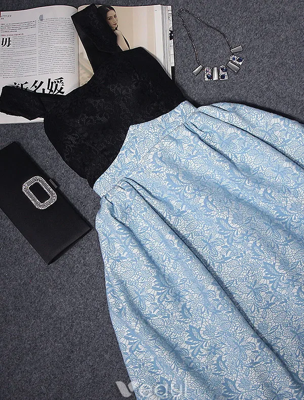 Beautiful Evening Dresses 2017 Off The Shoulder Black And Sky Blue Lace Dress