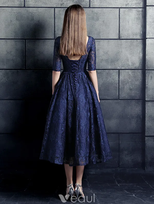Robe De Soirée Belle 2017 V-cou Applique Roses Fleur Bleu Marine Robe De Dentelle