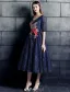 Robe De Soirée Belle 2017 V-cou Applique Roses Fleur Bleu Marine Robe De Dentelle