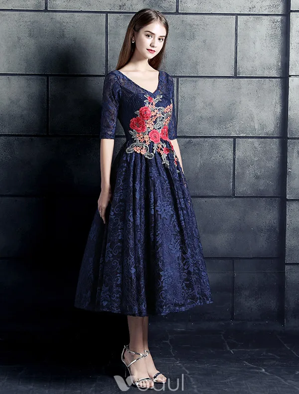 Robe De Soirée Belle 2017 V-cou Applique Roses Fleur Bleu Marine Robe De Dentelle