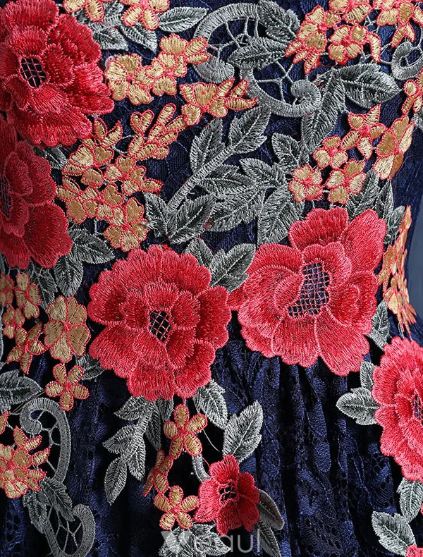 Robe De Soirée Belle 2017 V-cou Applique Roses Fleur Bleu Marine Robe De Dentelle