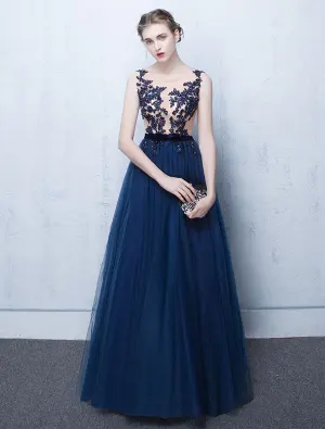 Belle Robe De Soirée 2017 Dentelle Bleue Longue Robe Ceremonie Sans Manches