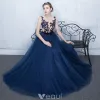 Schönes Abendkleid 2017 Blaue Spitze Langes Festliche Kleid Ärmellos