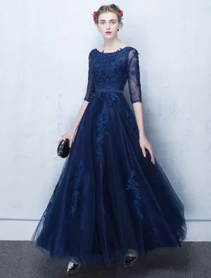 Elegante Kant Avondjurk 2017 Blauwe Lange Gala Jurk Met Mouwen