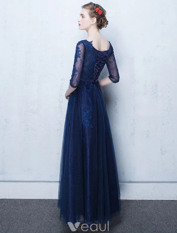 Elegant Lace Evening Dress 2017 Blue Long Formal Gown With Sleeves