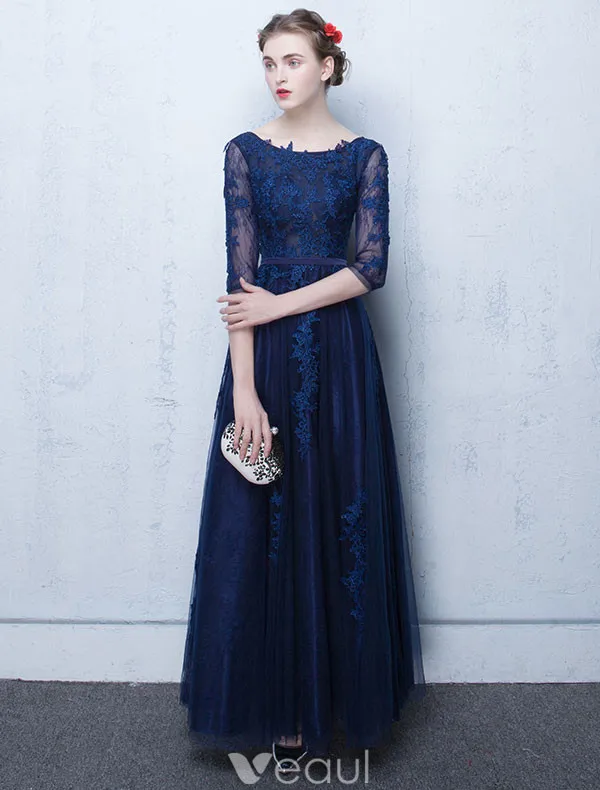 Elegant Lace Evening Dress 2017 Blue Long Formal Gown With Sleeves