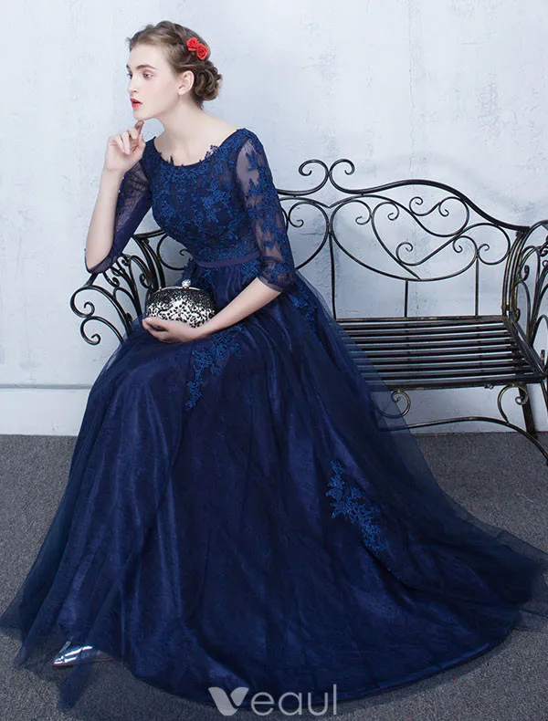Elegant Lace Evening Dress 2017 Blue Long Formal Gown With Sleeves
