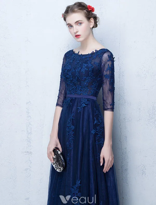 Elegant Lace Evening Dress 2017 Blue Long Formal Gown With Sleeves