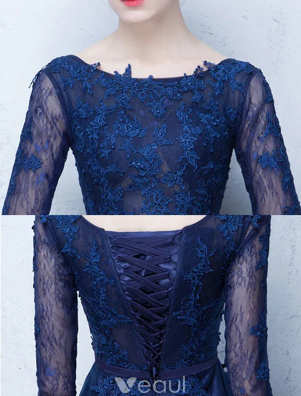 Elegant Lace Evening Dress 2017 Blue Long Formal Gown With Sleeves