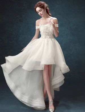 Robe De Mariée De Plage 2017 Sur L Épaule Perles Strass Applique Dentelle Robes De Mariée Asymétriques