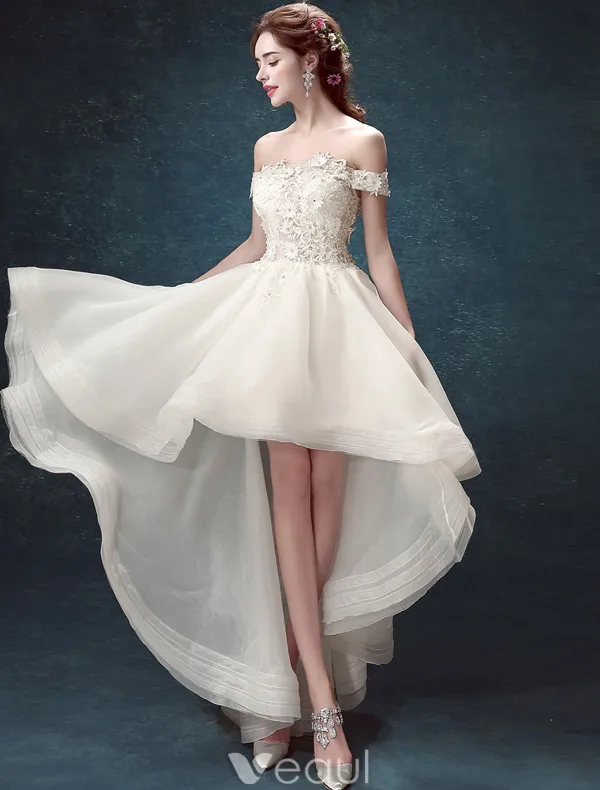 Beach Wedding Dresses 2017 Off The Shoulder Beading Rhinestones Applique Lace  Asymmetrical Bridal Gowns
