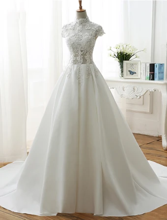 Vintage A Line Brautkleider 2017 Hohe Nacken Spitze Sicke Pailletten Elfenbein Satin Hochzeitskleider