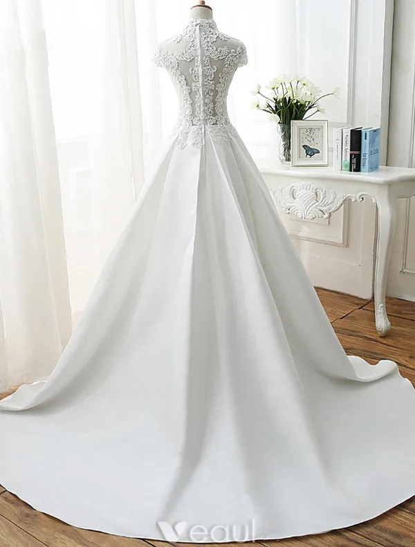 Vintage A-line Wedding Dresses 2017 High Neck Applique Lace Beading Sequins Ivory Satin Bridal Gowns