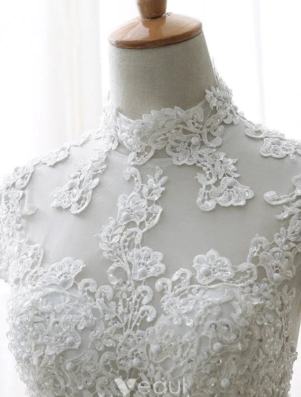 Vintage A-line Wedding Dresses 2017 High Neck Applique Lace Beading Sequins Ivory Satin Bridal Gowns