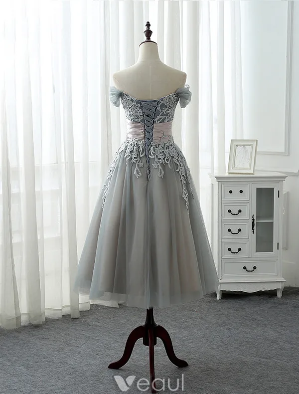 Elegant Prom Dresses 2017 Off The Shoulder Applique Lace Ruffled Satin Sash Grey Tulle Tea-length Dress
