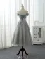 Elegant Prom Dresses 2017 Off The Shoulder Applique Lace Ruffled Satin Sash Grey Tulle Tea-length Dress