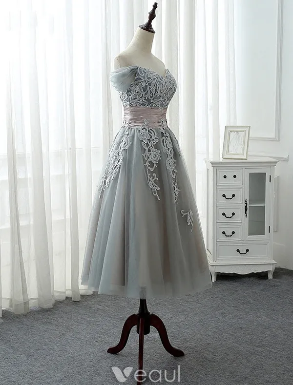Elegant Prom Dresses 2017 Off The Shoulder Applique Lace Ruffled Satin Sash Grey Tulle Tea-length Dress