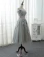 Elegant Prom Dresses 2017 Off The Shoulder Applique Lace Ruffled Satin Sash Grey Tulle Tea-length Dress