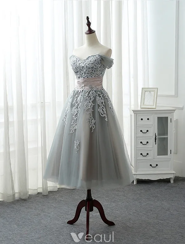 Elegant Prom Dresses 2017 Off The Shoulder Applique Lace Ruffled Satin Sash Grey Tulle Tea-length Dress