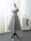 Elegant Prom Dresses 2017 Off The Shoulder Applique Lace Ruffled Satin Sash Grey Tulle Tea-length Dress
