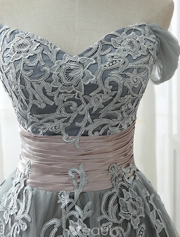 Elegant Prom Dresses 2017 Off The Shoulder Applique Lace Ruffled Satin Sash Grey Tulle