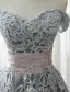 Elegant Prom Dresses 2017 Off The Shoulder Applique Lace Ruffled Satin Sash Grey Tulle Tea-length Dress