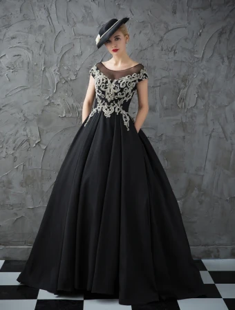 Glitter Prom Dresses 2017 Scoop Neckline Beading Rhinestones Ruffle Black Satin Dress