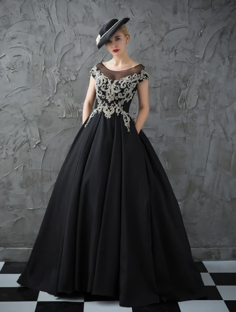 Glitter Prom Dresses 2017 Scoop Neckline Beading Rhinestones Ruffle Black Satin Dress