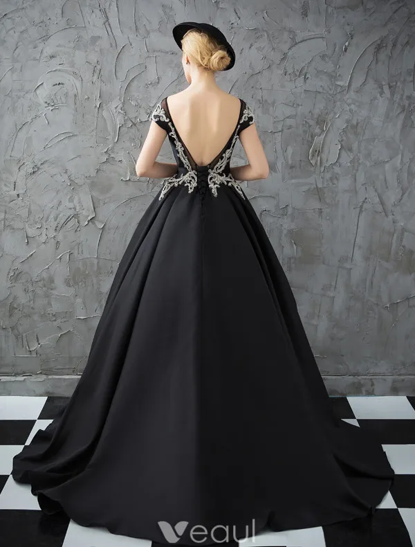 Glitter Prom Dresses 2017 Scoop Neckline Beading Rhinestones Ruffle Black Satin Dress