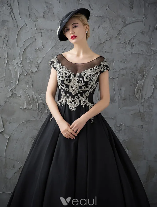 Glitter Prom Dresses 2017 Scoop Neckline Beading Rhinestones Ruffle Black Satin Dress