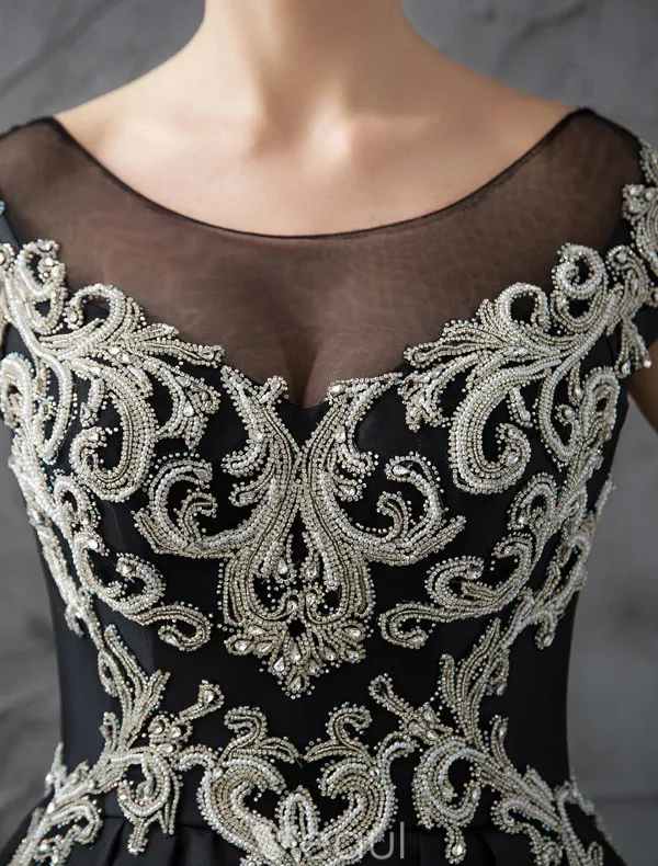 Glitter Prom Dresses 2017 Scoop Neckline Beading Rhinestones Ruffle Black Satin Dress