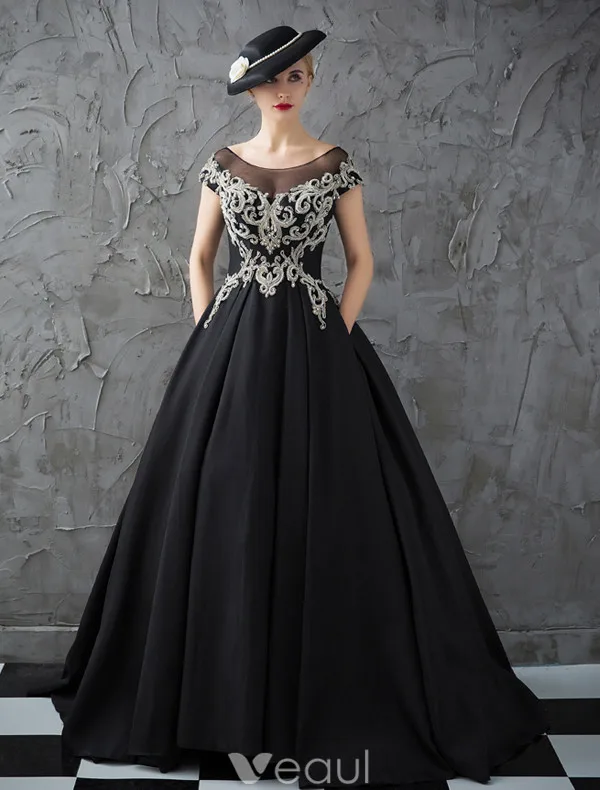 Glitter Prom Dresses 2017 Scoop Neckline Beading Rhinestones Ruffle Black Satin Dress