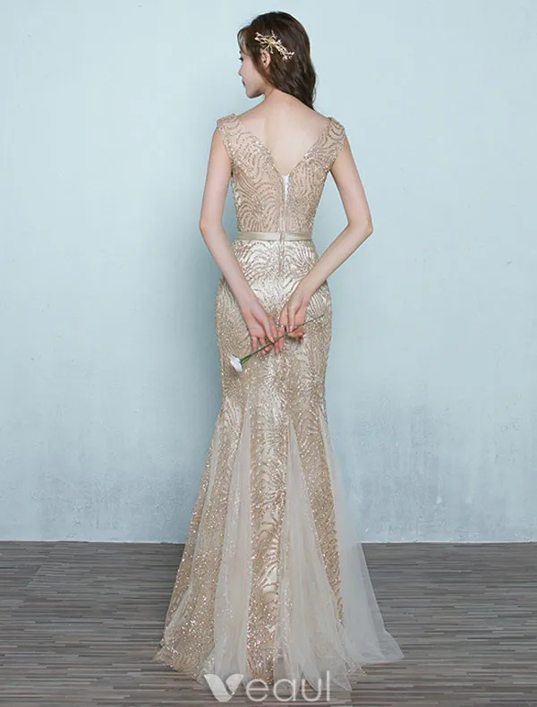 Belle Robe De Soirée Sirène 2017 Or Glitter Longue Robe Ceremonie Sans Manches