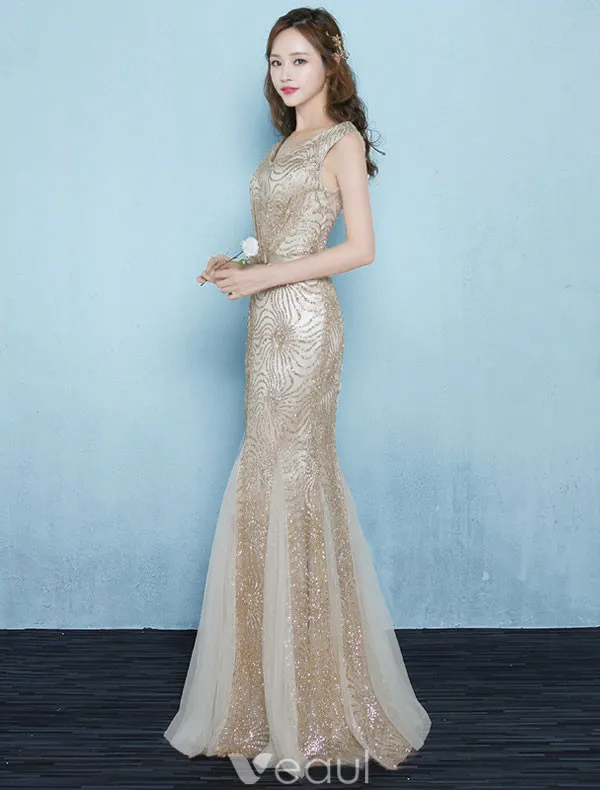 Belle Robe De Soirée Sirène 2017 Or Glitter Longue Robe Ceremonie Sans Manches