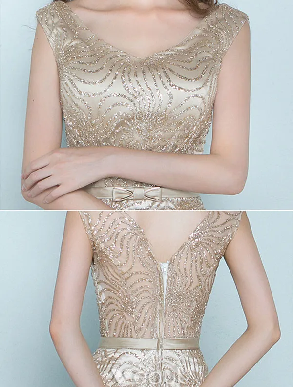Belle Robe De Soirée Sirène 2017 Or Glitter Longue Robe Ceremonie Sans Manches