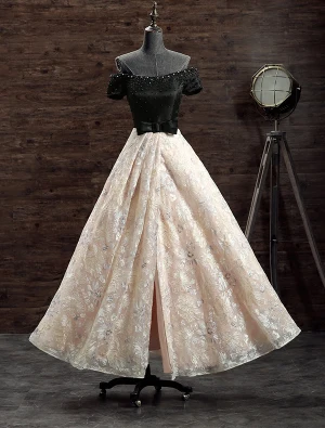 Belle Robe De Soirée 2017 Au Large De L Épaule Perles Lumière Champagne Dentelle Robe De Devant Split