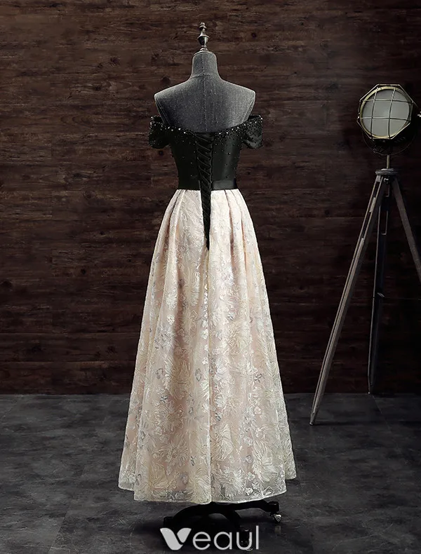 Belle Robe De Soirée 2017 Au Large De L'épaule Perles Lumière Champagne Dentelle Robe De Devant Split