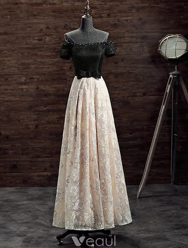Belle Robe De Soirée 2017 Au Large De L'épaule Perles Lumière Champagne Dentelle Robe De Devant Split