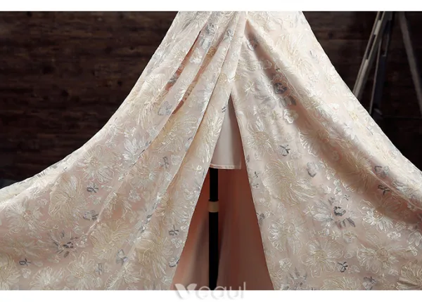 Belle Robe De Soirée 2017 Au Large De L'épaule Perles Lumière Champagne Dentelle Robe De Devant Split