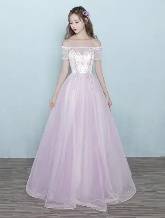 Chic Long Prom Dress Pink Tulle Off The Shoulder Ball Gown With Lace