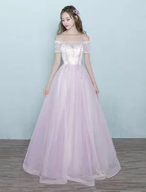 Chic Langes Abschlussballkleid Rosa Tüll Weg Von Der Schulter Ballkleid Mit Spitze