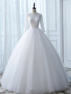 Vintage Wedding Dresses 2017 High Neck Applique Buttons White Glitter Tulle Bridal Gowns